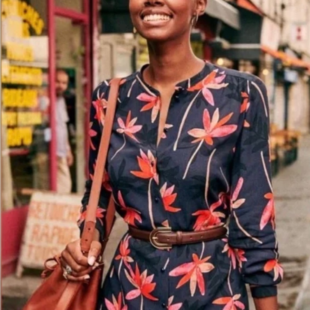 Sezane Vicky Blue Navy lined long sleeve midi dress